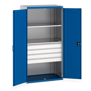 Cupboard for Workshop - Cubio Cupboard with Perfo Doors And 4 Drawers, 2 Shelves. WxDxH: 1050X650X2000mm Ral 7035/5010 _SKU-40021108.11V