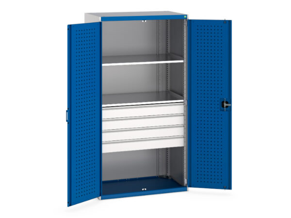 Cupboard for Workshop - Cubio Cupboard with Perfo Doors And 4 Drawers, 2 Shelves. WxDxH: 1050X650X2000mm Ral 7035/5010 _SKU-40021108.11V