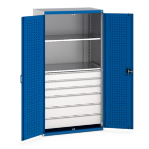 Workshop Tool Cupboard with Drawers - with Perfo Doors And 6 Drawers, 2 Shelves. WxDxH: 1050X650X2000mm Ral 7035/5010 _SKU-40021113.11V