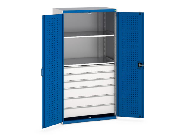 Workshop Tool Cupboard with Drawers - with Perfo Doors And 6 Drawers, 2 Shelves. WxDxH: 1050X650X2000mm Ral 7035/5010 _SKU-40021113.11V