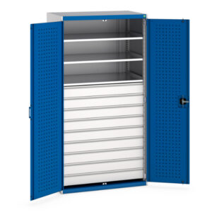 Bott Industrial Cupboard - Cubio Cupboard with Perfo Doors And 9 Drawers, 3 Shelves. WxDxH: 1050X650X2000mm Ral 7035/5010 _SKU-40021114.11V