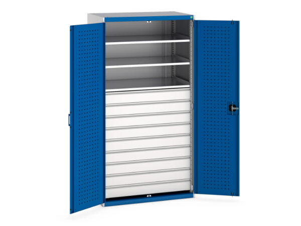 Bott Industrial Cupboard - Cubio Cupboard with Perfo Doors And 9 Drawers, 3 Shelves. WxDxH: 1050X650X2000mm Ral 7035/5010 _SKU-40021114.11V