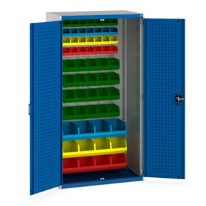 Industrial Metal Cabinets - Cubio Cupboard with Perfo Doors, Louvre Back, 60 Bins. WxDxH: 1050X650X2000mm Ral 7035/5010 _SKU-40021117.11V
