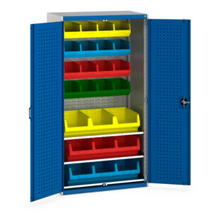 Workshop Metal Storage Cupboards - Cubio Cupboard Perfo Doors Louvre Back 3 Shelves 25 Bin. WxDxH: 1050X650X2000mm Ral 7035/5010 _SKU-40021118.11V