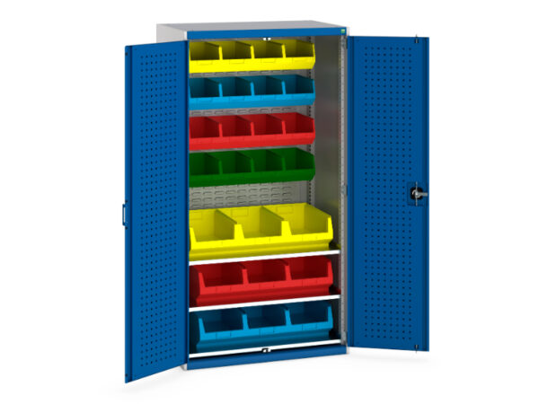 Workshop Metal Storage Cupboards - Cubio Cupboard Perfo Doors Louvre Back 3 Shelves 25 Bin. WxDxH: 1050X650X2000mm Ral 7035/5010 _SKU-40021118.11V