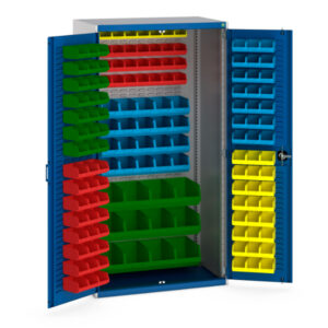 Metal Cabinets with Part Storage Bins - Cubio Cupboard Louvre Doors Louvre Backpanel And 150 Bins. WxDxH: 1050X650X2000mm Ral 7035/5010 _SKU-40021129.11V