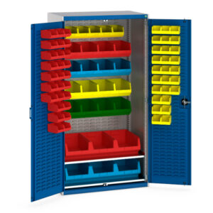 Heavy Duty Workplace Cabinets with Part Bins - Cubio Cupboard Louvre Door Louvre Back 2 Shelves 81 Bin. WxDxH: 1050X650X2000mm Ral 7035/5010 _SKU-40021130.11V