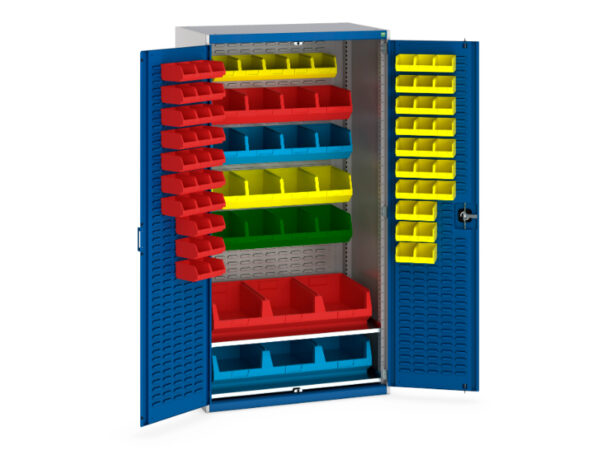 Heavy Duty Workplace Cabinets with Part Bins - Cubio Cupboard Louvre Door Louvre Back 2 Shelves 81 Bin. WxDxH: 1050X650X2000mm Ral 7035/5010 _SKU-40021130.11V
