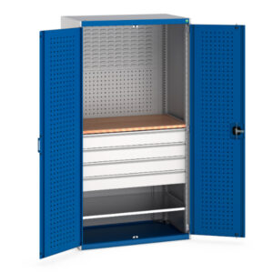 Mini Workshop Cupboard with Drawers - Perfo Doors Mini Workshop 1 Shelf 4 Drws. WxDxH: 1050X650X2000mm Ral 7035/5010 _SKU-40021160.11V