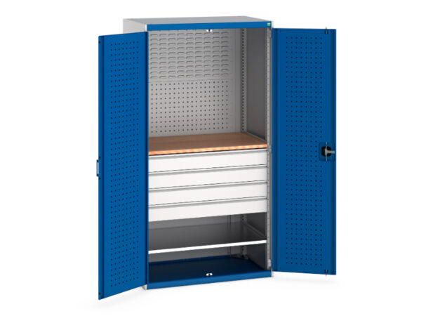 Mini Workshop Cupboard with Drawers - Perfo Doors Mini Workshop 1 Shelf 4 Drws. WxDxH: 1050X650X2000mm Ral 7035/5010 _SKU-40021160.11V