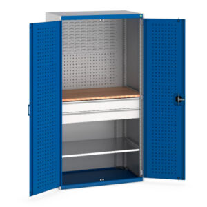 Mini Workshop Tool Cupboard - Cubio Cupboard Perfo Doors Mini Workshop 1 Shelf 2 Drws. WxDxH: 1050X650X2000mm Ral 7035/5010 _SKU-40021162.11V