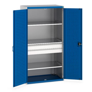 Metal Workshop Cupboards - Cubio Cupboard with Perfo Doors, 3 Shelves, 2 Drawers. WxDxH: 1050X650X2000mm Ral 7035/5010 _SKU-40021169.11V