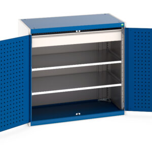 Industrial Metal Cupboards - Cubio Cupboard with Perfo Doors, 2 Shelves, 1 Drawer. WxDxH: 1050X650X1000mm Ral 7035/5010 _SKU-40021201.11V