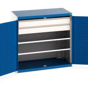 Workshop Metal Storage Cupboards - with Perfo Doors, 2 Shelves, 2 Drawers. WxDxH: 1050X650X1000mm Ral 7035/5010 _SKU-40021202.11V