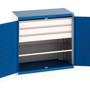 Steel Workshop Cupboards - Cubio Cupboard with Perfo Doors, 1 Shelf, 3 Drawers. WxDxH: 1050X650X1000mm Ral 7035/5010 _SKU-40021203.11V