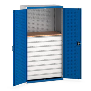 Industrial Tall Cupboard with Doors - Perfo Doors Mini Workshop, 9 Drawers. WxDxH: 1050X650X2000mm Ral 7035/5010 _SKU-40021204.11V