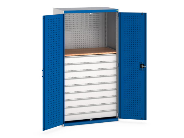 Industrial Tall Cupboard with Doors - Perfo Doors Mini Workshop, 9 Drawers. WxDxH: 1050X650X2000mm Ral 7035/5010 _SKU-40021204.11V