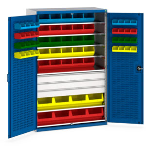 Bott Cubio Cupboard with Lourve Doors - 7 Shelves 3 Drw, 65 Bins. WxDxH: 1300X650X2000mm Ral 7035/5010 _SKU-40022057.11V