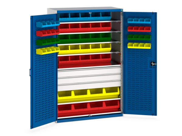 Bott Cubio Cupboard with Lourve Doors - 7 Shelves 3 Drw, 65 Bins. WxDxH: 1300X650X2000mm Ral 7035/5010 _SKU-40022057.11V