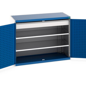 Industrial Storage Cupboards - Cubio Cupboard with Perfo Doors, 2 Shelves, 1 Drawer. WxDxH: 1300X650X1000mm Ral 7035/5010 _SKU-40022083.11V