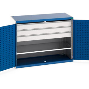 Workshop Storage Cupboards - Cubio Cupboard with Perfo Doors, 1 Shelf, 3 Drawers. WxDxH: 1300X650X1000mm Ral 7035/5010 _SKU-40022085.11V