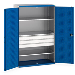 Industrial Steel Drawer Cupboard - Cubio Cupboard with Perfo Doors, 3 Shelves, 3 Drawers. WxDxH: 1300X650X2000mm Ral 7035/5010 _SKU-40022087.11V