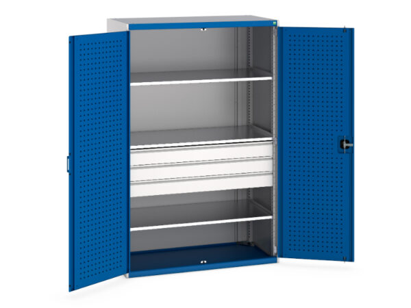 Industrial Steel Drawer Cupboard - Cubio Cupboard with Perfo Doors, 3 Shelves, 3 Drawers. WxDxH: 1300X650X2000mm Ral 7035/5010 _SKU-40022087.11V