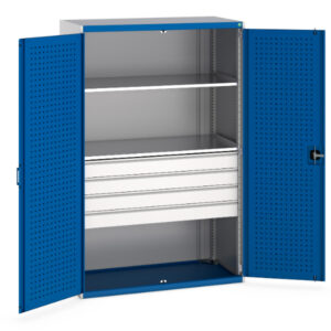 Workshop Cupboards And Drawers - Cubio Cupboard with Perfo Doors, 2 Shelves, 4 Drawers. WxDxH: 1300X650X2000mm Ral 7035/5010 _SKU-40022088.11V