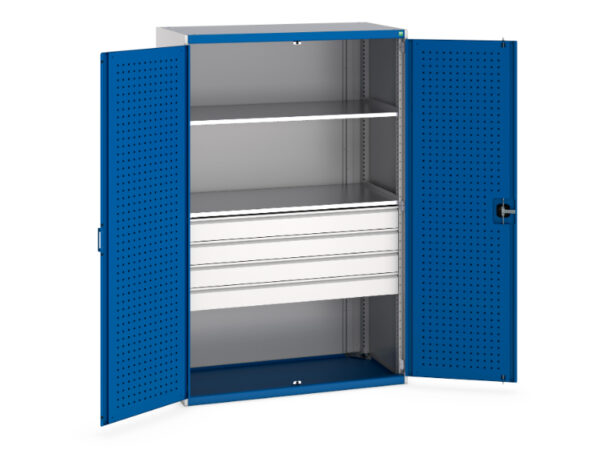 Workshop Cupboards And Drawers - Cubio Cupboard with Perfo Doors, 2 Shelves, 4 Drawers. WxDxH: 1300X650X2000mm Ral 7035/5010 _SKU-40022088.11V