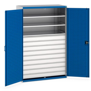 Workshop Drawer Cupboards - Cubio Cupboard with Perfo Doors, 3 Shelves, 9 Drawers. WxDxH: 1300X650X2000mm Ral 7035/5010 _SKU-40022089.11V