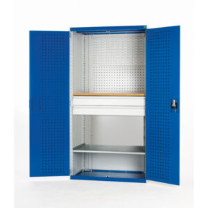 Cubio Workshop - Cupboard Perfo Doors Mini Workshop 1 Shelf 2 Drws. WxDxH: 1300X650X2000mm Ral 7035/5010 _SKU-40022091.11V