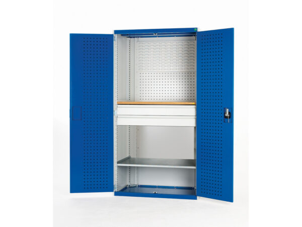 Cubio Workshop - Cupboard Perfo Doors Mini Workshop 1 Shelf 2 Drws. WxDxH: 1300X650X2000mm Ral 7035/5010 _SKU-40022091.11V