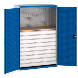 Bott Cupboard Workshop - Cubio Perfo Doors, 9 Drawers. WxDxH: 1300X650X2000mm Ral 7035/5010 _SKU-40022093.11V