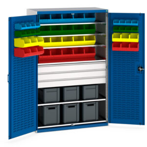 Bott Louvre Parts Bin Cupboard - 6 Shelves 48 Bins 6 Eurobox. WxDxH: 1300X650X2000mm Ral 7035/5010 _SKU-40022096.11V