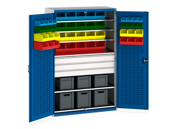 Bott Louvre Parts Bin Cupboard - 6 Shelves 48 Bins 6 Eurobox. WxDxH: 1300X650X2000mm Ral 7035/5010 _SKU-40022096.11V