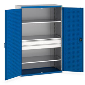 Workshop Cupboards - Cubio Cupboard with Perfo Doors, 3 Shelves, 2 Drawers. WxDxH: 1300X650X2000mm Ral 7035/5010 _SKU-40022139.11V