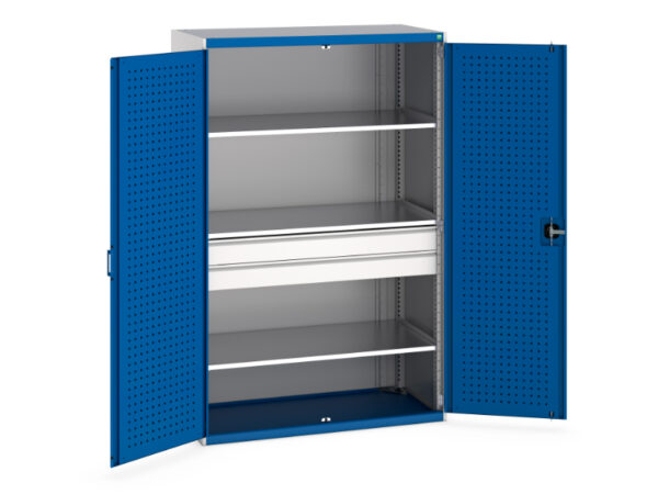 Workshop Cupboards - Cubio Cupboard with Perfo Doors, 3 Shelves, 2 Drawers. WxDxH: 1300X650X2000mm Ral 7035/5010 _SKU-40022139.11V