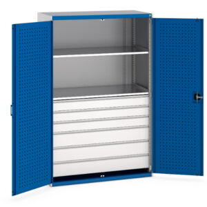 Perfo Door Cupboard - 2 Shelves, 6 Drawers. WxDxH: 1300X650X2000mm Ral 7035/5010 _SKU-40022141.11V
