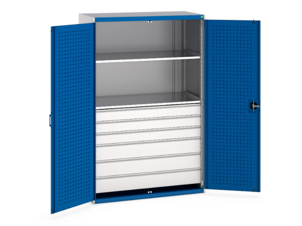 Perfo Door Cupboard - 2 Shelves, 6 Drawers. WxDxH: 1300X650X2000mm Ral 7035/5010 _SKU-40022141.11V