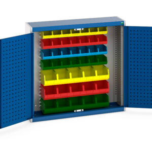 Cabinet with Storage Parts Bins - Cubio Cupboard with Louvre Backpanel And 45 Piece Bin Kit. WxDxH: 1050X325X1000mm Ral 7035/5010 _SKU-40031065.11V