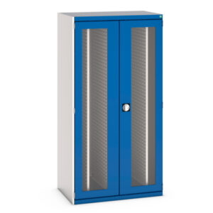 Workshop Cupboard with Tool Peg Boards - Cubio Cupboard Window Doors, 4X Sliding Louvre Panels. WxDxH: 1050X650X2000mm Ral 7035/5010 _SKU-40301036.11V