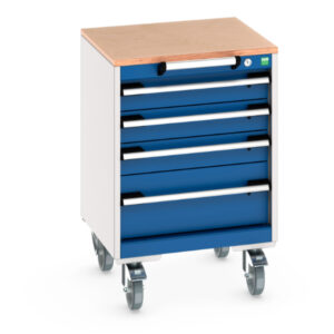 4 Drawer Storage Unit On Wheels - Cubio Mobile Cabinet with 4 Drawers And Multiplex Worktop. WxDxH: 525X525X790mm Ral 7035/5010 _SKU-40402133.11V