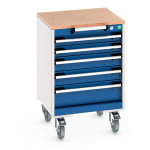 Heavy Duty Mobile Metal Drawer Cabinet - Cubio Mobile Cabinet with 5 Drawers And Multiplex Worktop. WxDxH: 525X525X790mm Ral 7035/5010 _SKU-40402135.11V