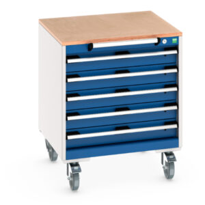 Cubio Storage Cabinet On Wheels - Cubio Mobile Cabinet with 5 Drawers And Multiplex Worktop. WxDxH: 650X650X790mm Ral 7035/5010 _SKU-40402145.11V
