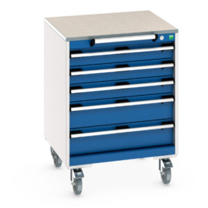 Tool Trolley On Wheels - Cubio Mobile Cabinet with 5 Drawers And Lino Worktop. WxDxH: 650X650X790mm Ral 7035/5010 _SKU-40402148.11V