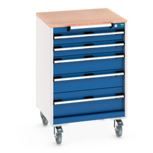 Mobile Tool Box On Wheels - Cubio Mobile Cabinet with 5 Drawers And Multiplex Worktop. WxDxH: 650X650X990mm Ral 7035/5010 _SKU-40402149.11V