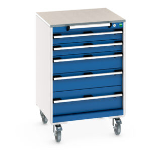 Heavy Duty Toolbox On Wheels - Cubio Mobile Cabinet with 5 Drawers And Lino Worktop. WxDxH: 650X650X990mm Ral 7035/5010 _SKU-40402150.11V
