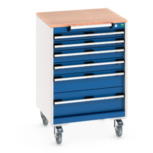 Metal Tool Storage Drawers On Wheels - Cubio Mobile Cabinet with 6 Drawers And Multiplex Worktop. WxDxH: 650X650X990mm Ral 7035/5010 _SKU-40402151.11V