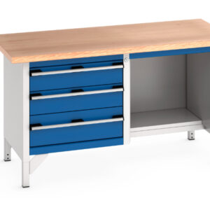 Work Bench with Storage - Cubio Storage Bench (Mpx) 3 Drawers / Open-Half Depth Shelf. WxDxH: 1500X750X840mm Ral 7035/5010 _SKU-41002040.11V