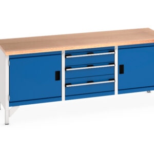 2M Metal Workbench - Cubio Storage Bench (Mpx) Full Cupboard / 3 Drw / Full Cupboard. WxDxH: 2000X750X840mm Ral 7035/5010 _SKU-41002055.11V